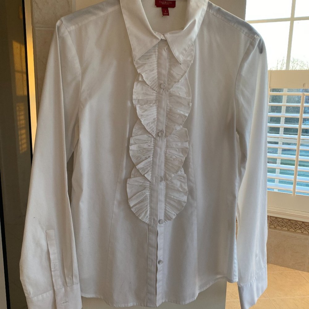 Talbots White Cotton Ruffle Blouse